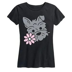 Instant Message Women's Black Cotton Schnauzer w Flower Short Sleeve Round Neck